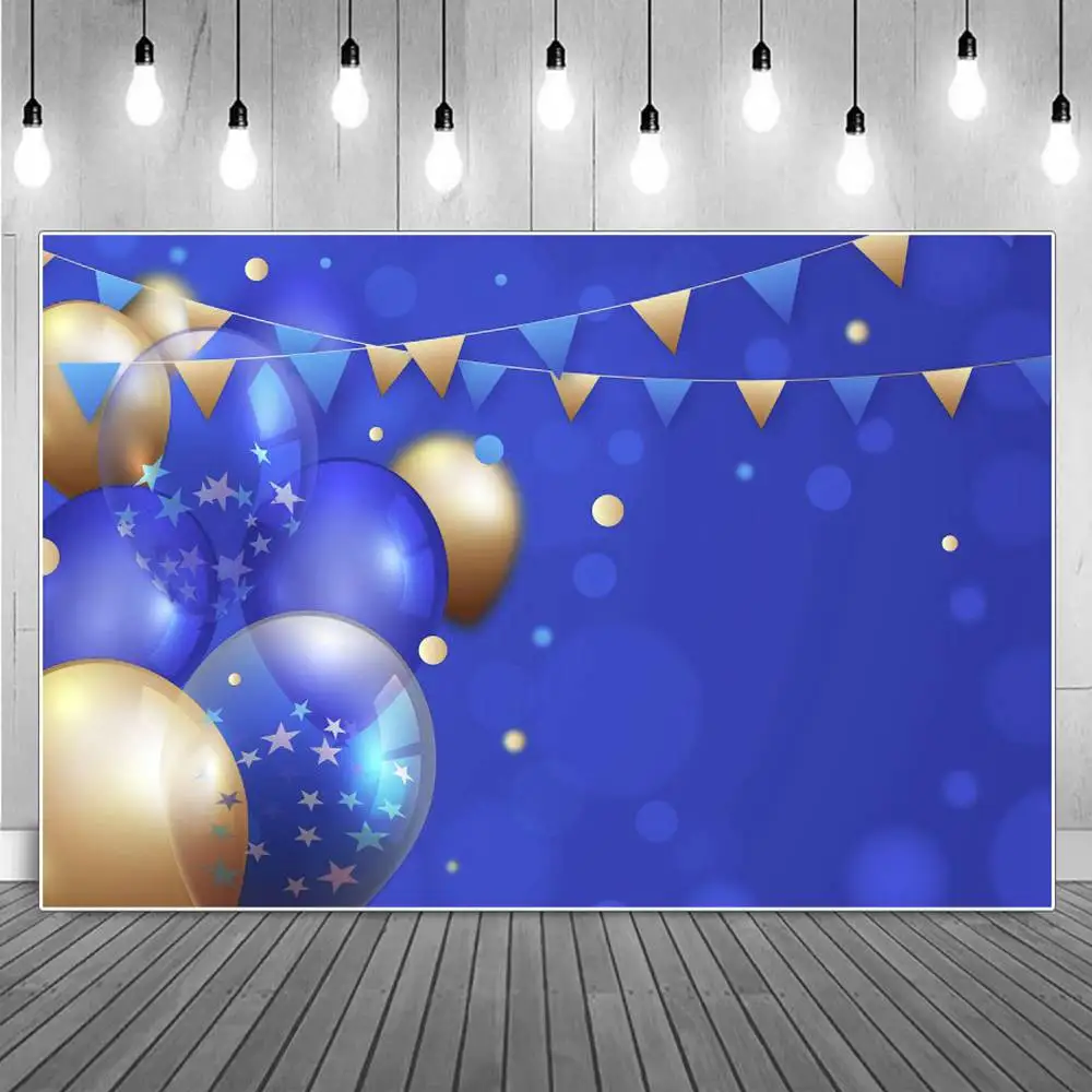 

Golden Balloons Blue Photography Backdrop Birthday Decoration Children Stars Flags Light Spot Home Party Studio Photo Background