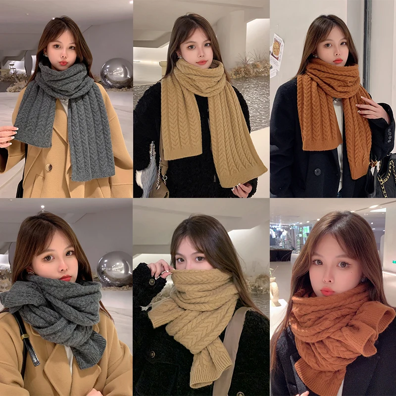 

Solid Color Crochet Thick Woolen Yarn Scarf Wool Knitting Neckerchief Braid Long Knitted Scarves Outdoor Warm Shawl Korea Style