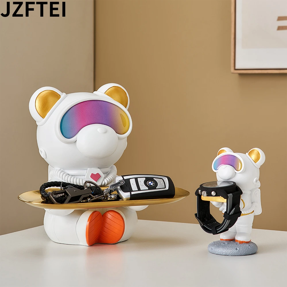 

New Creative Bear Sculpture Storage Tray Holder Clock Resin Statue Snack Storage Box Home Cute Decor Room Living Table Organizer