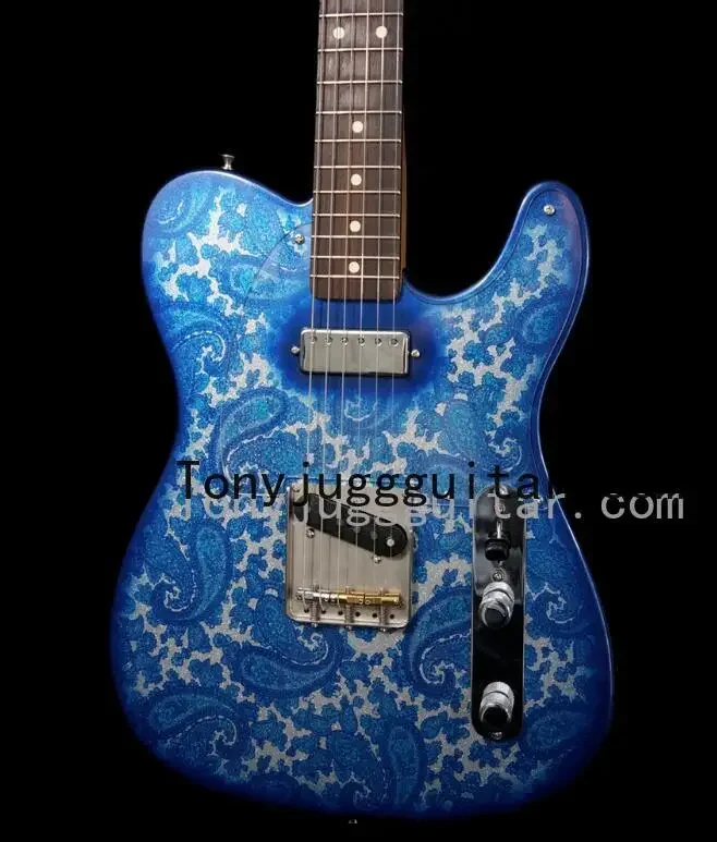 

Индивидуальная синяя блестящая электрическая гитара Пейсли с надписью, мини-хамбакер, прозрачная накладка Пейсли,