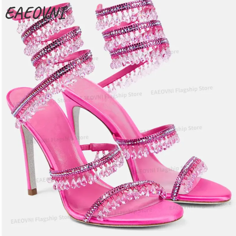 2023 EAEOVNI  Women's New Rhinestone Sandals Fashion Tassel Crystal Shoes Sexy Banquet Party Twining Stiletto Women's Sandals