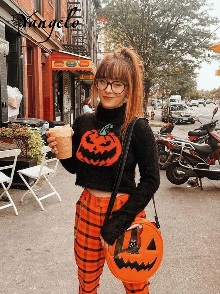 

2023 Gothic Black Pumpkin Print Women's Sweater Turtleneck Pullover Crop Long Sleeves Halloween Grunge Girls Party Top