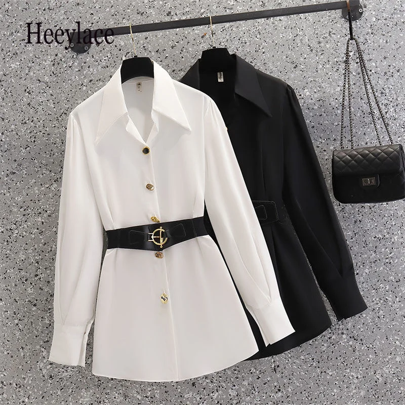 

Plus Size Women Spring Long Sleeve High Waist Shirt Dress 4XL Women Turn Down Collar Single Breasted Midi Dresses Korean Shirts