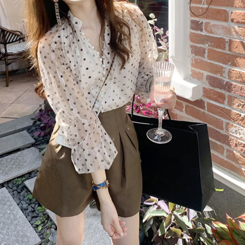 

Fashionable Stand-neck Shirts Polka Dot French Style Sweet Elegant Temperament Clothing Aesthetic Retro Blouses Womens Tops
