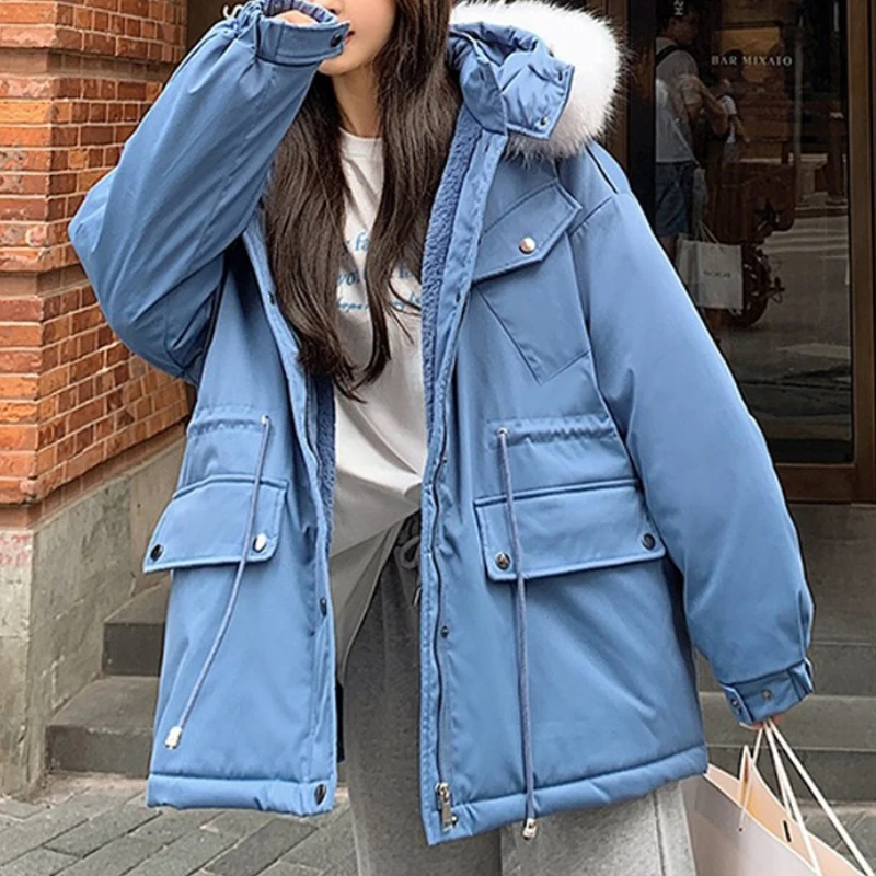 Winter Coats Thick Cotton Padded Jackets Women Fashion Fur Collar Hooded Loose Long Parkas Female Solid Loose Casual Overcoat
