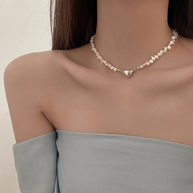 MENGJIQIAO Korean Elegant Natural Freshwater Pearl Choker For Women Girls Baroco Style Metal Heart Necklace Wedding Jewelry