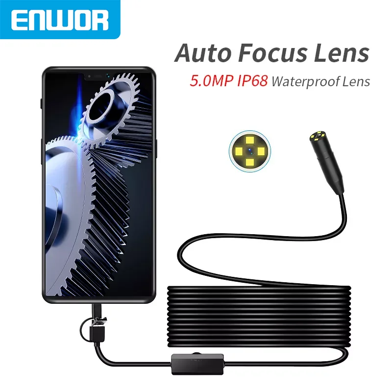 

ENWOR 14mm Auto Focus Endoscope Camera 5.0MP IP68 Waterproof Lens HD1944P 3 IN 1 For Type-C/Android/PC Borescope Check Car