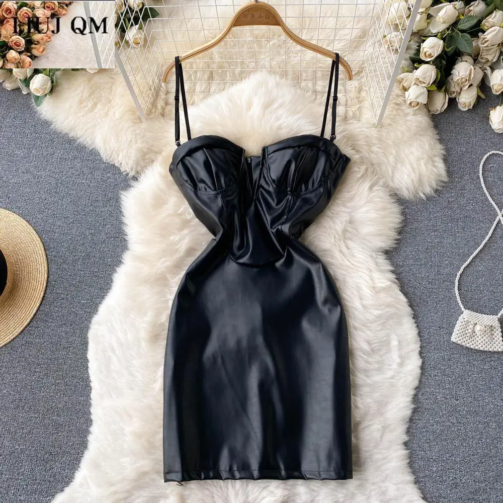 

2022 Spring Summer Women Sexy Black Pu Spaghetti Strap Dress Ladies Off Shoulder Fashion Club Leather Mini Bodycon Dress Runway