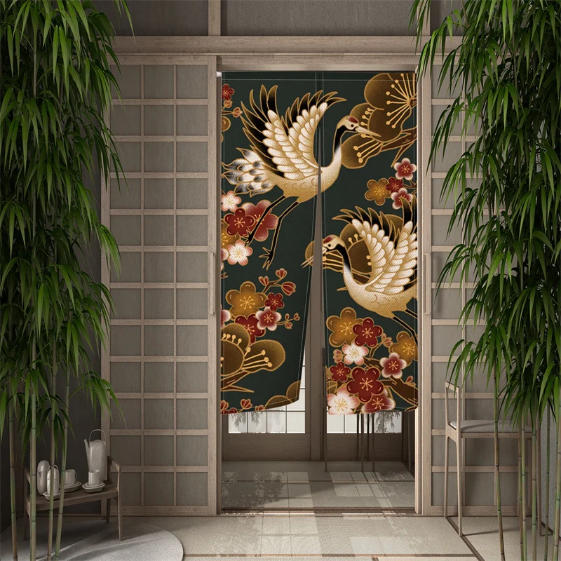 

White Crane Door Curtain Japanese Style Partition Curtain Kitchen Entrance Hanging Half-Curtain Modern Room Decor Art Curtains