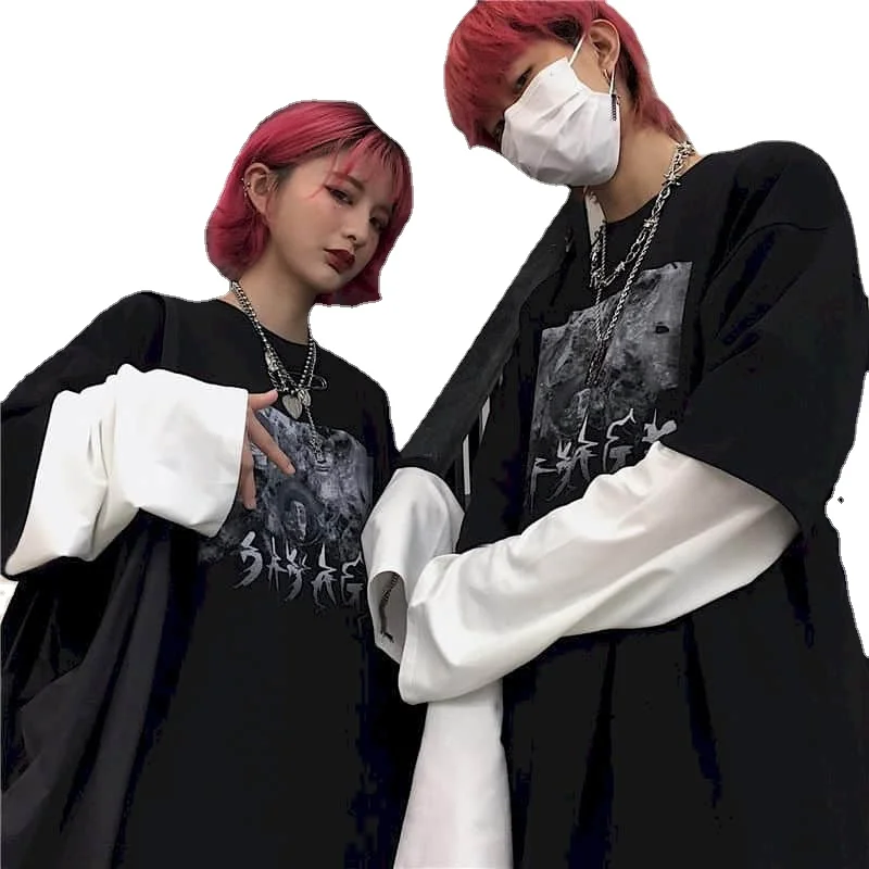 

Men's and women's retro T-shirt Yoji style dark black Yamamoto couple printing fake two long-sleeved shirts Oversize Blouse top