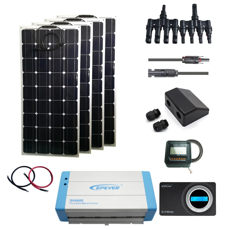 

EPever RV Solar Kits 400W Flexible Panel GM3024 MT50 Monitor Pure Sine Wave Inverter Solar Cable Connection Cable