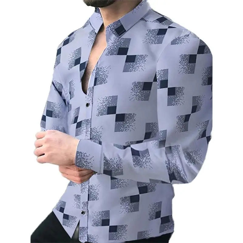 

Luxury Social Men Shirts Turn-down Collar Buttoned Shirt Casual Lattice Print Long Sleeve Tops Mens Clothes Prom Party Cardigan