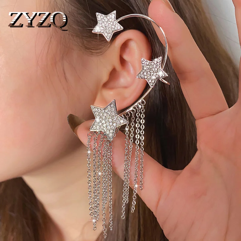 

ZYZQ серебряный цвет металлическая звезда без проколов серьги для женщин сверкающие циркониевые кисточки серьги-клипсы для ушей ювелирные и...