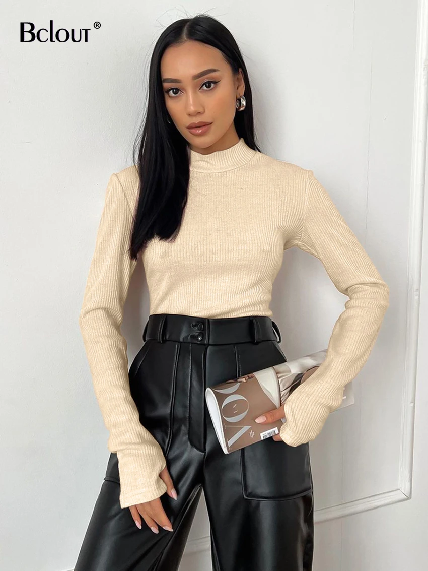

Bclout Fashion Knitted Khaki Tops Women 2023 Autumn Office Lady Long Sleeve Elastic Tops Elegant Solid Sexy Slim T-Shirts Female