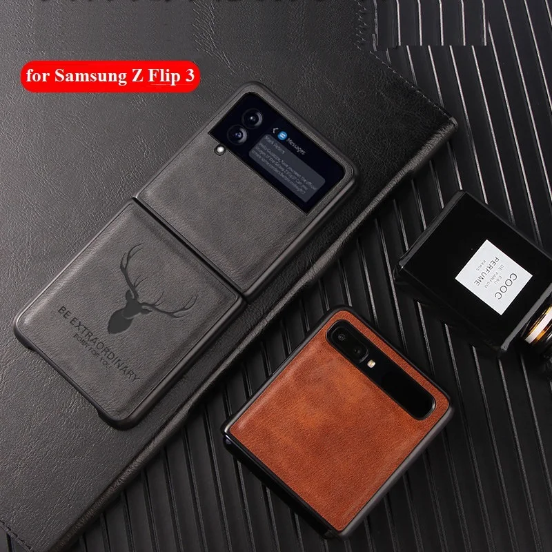 

Luxury Leather Case for Samsung Z Flip4 Case Vintage Elk Pattern Flip3 Business Shockproof Shell for Galaxy Z Flip 3 Case
