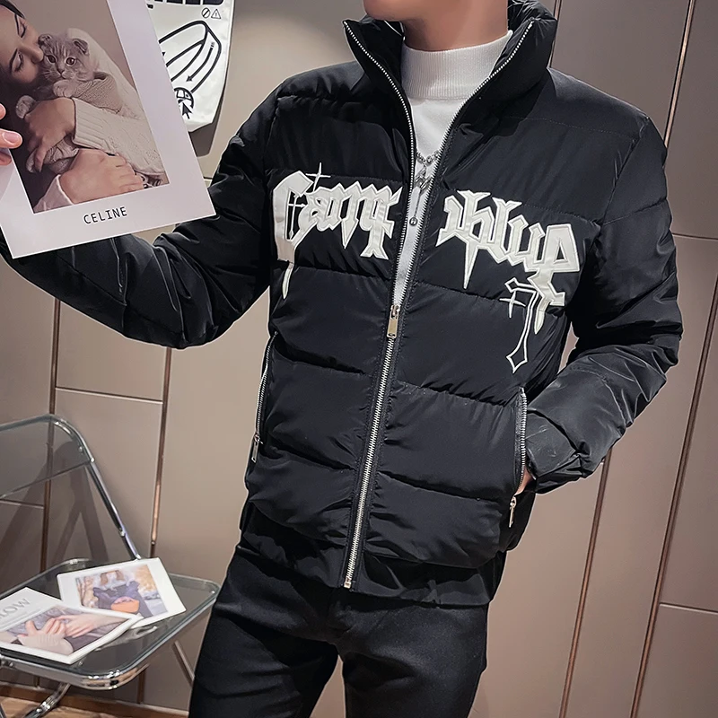 2022 Winter Thicken Keep Warm Men's Short Parka Tops Stand Collar Embroidery Jackets Slim Casual Zipper Men Clothing Streetwear