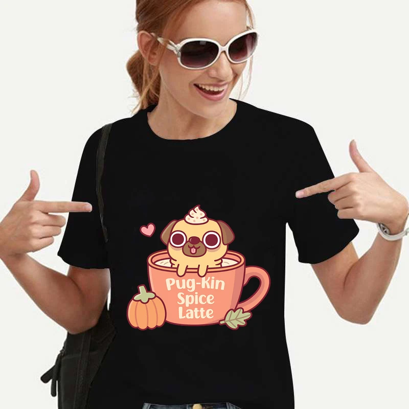 Купи Pug-Kin Spice Latte Print Fashion Women T-shirt Summer Loose Black Female T-shirt Casual Round Neck Harajuku Tops Woman Clothes за 299 рублей в магазине AliExpress