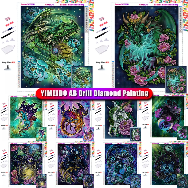 

YIMEIDO 5D DIY AB Diamond Painting dragon cartoon Cross Stitch Kit Mosaic Diamond Embroidery Animal Full Drill Home Decoration
