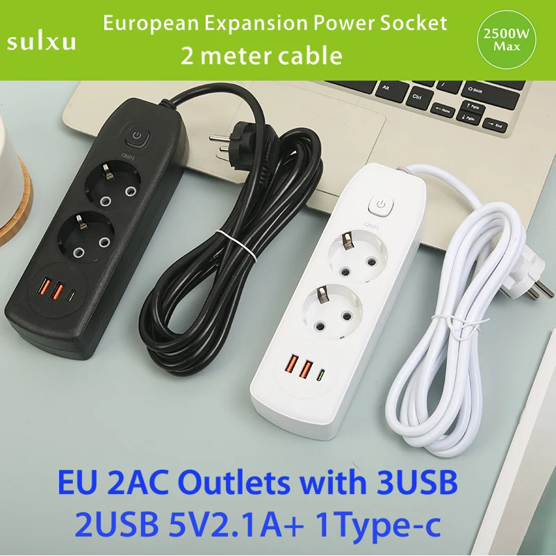 

Hot Sale lower price European expansion power socket 2AC Outlets with USB charging power board 2 meter cable power strip