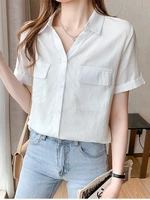 blusas mujer white blouse women button up shirt turn down collar top office lady short sleeve shirts summer woman clothing 2022