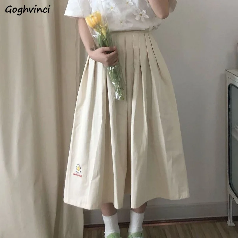 

Women Skirts Flower Embroidery Chic Harajuku Ulzzang Retro Students All-match Pleated Mid-calf Streetwear Elegant Sweet S-3XL