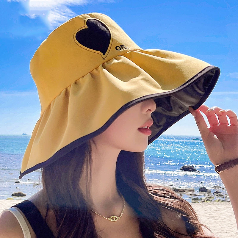 Summer Fashion Women's Hat Outdoor Contrast Color Hat Large Border Hat Pleated Semicircle Foldable Fisherman Hat
