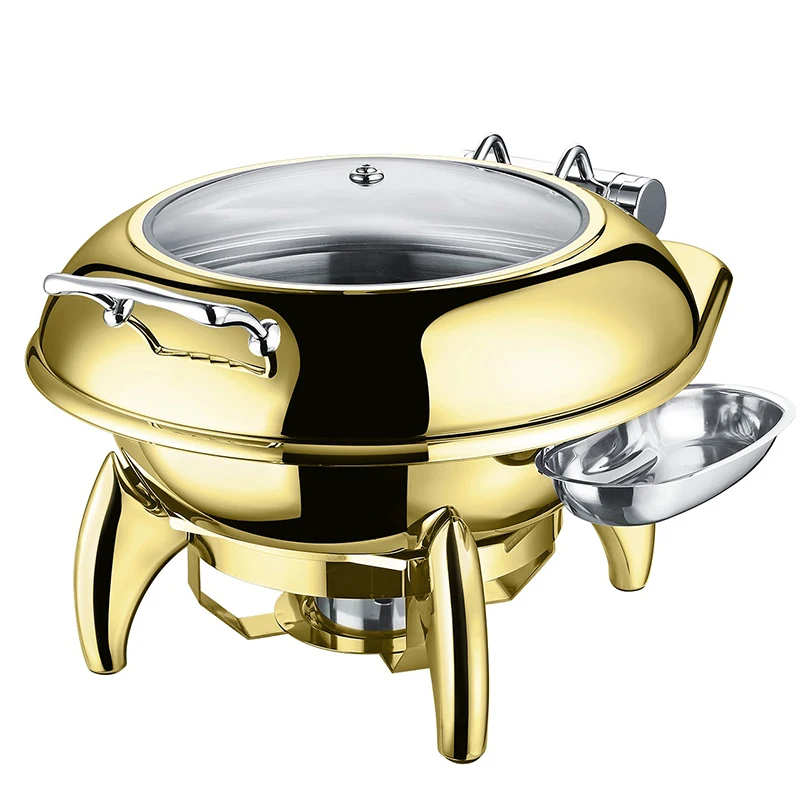 

6 Liter Luxury Gold Plated Hotel Used 304 Stainless Steel Hydraulic Induction Chafing Dish Buffet Food Warmer for Dubai