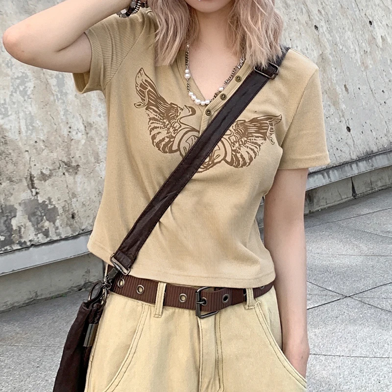 

WeiYao Graphic Print Y2K Cropped Tshirts Fashion Fairycore Grunge Clothings Aesthetic Short Sleeves Vintage Tops Tee Cute