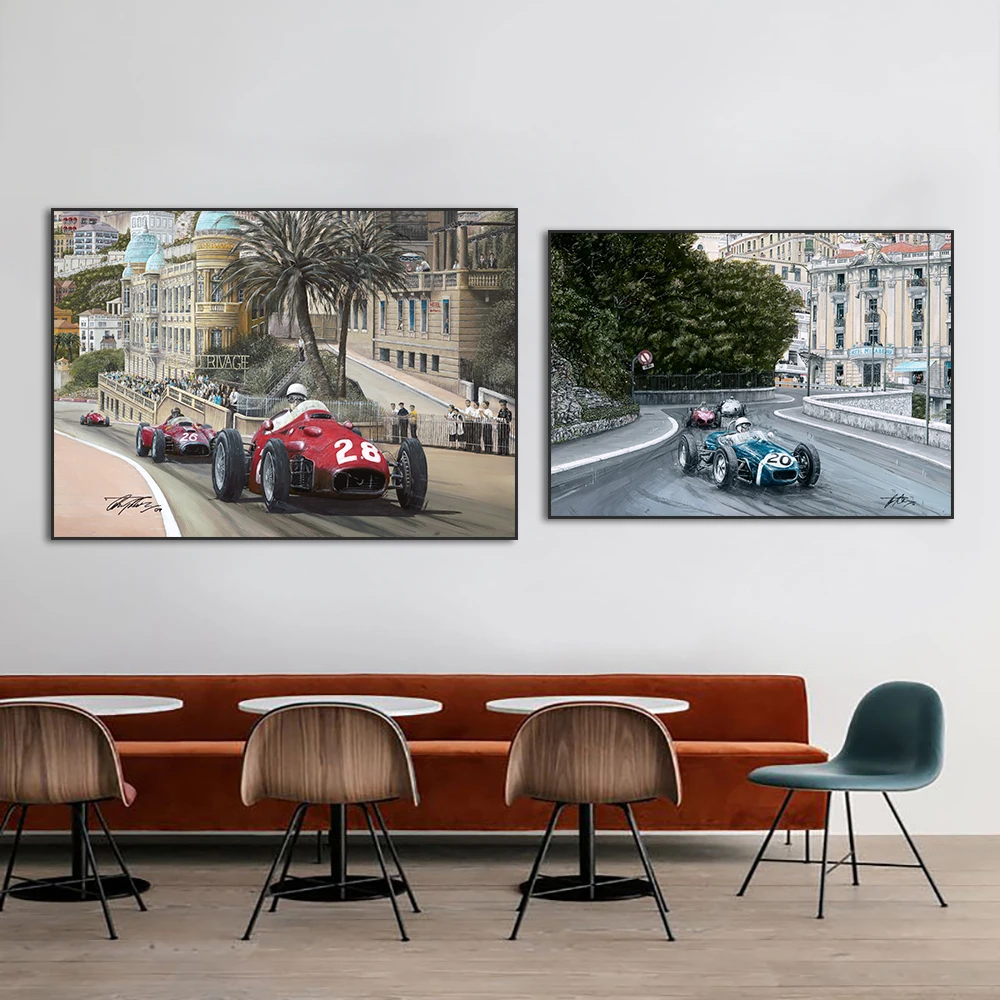 

Плакат на холсте F1 и Grand Prix, Ретро Красные Автомобили, гоночные автомобили на дороге, жикле, декор для гостиной, без рамки, 1956