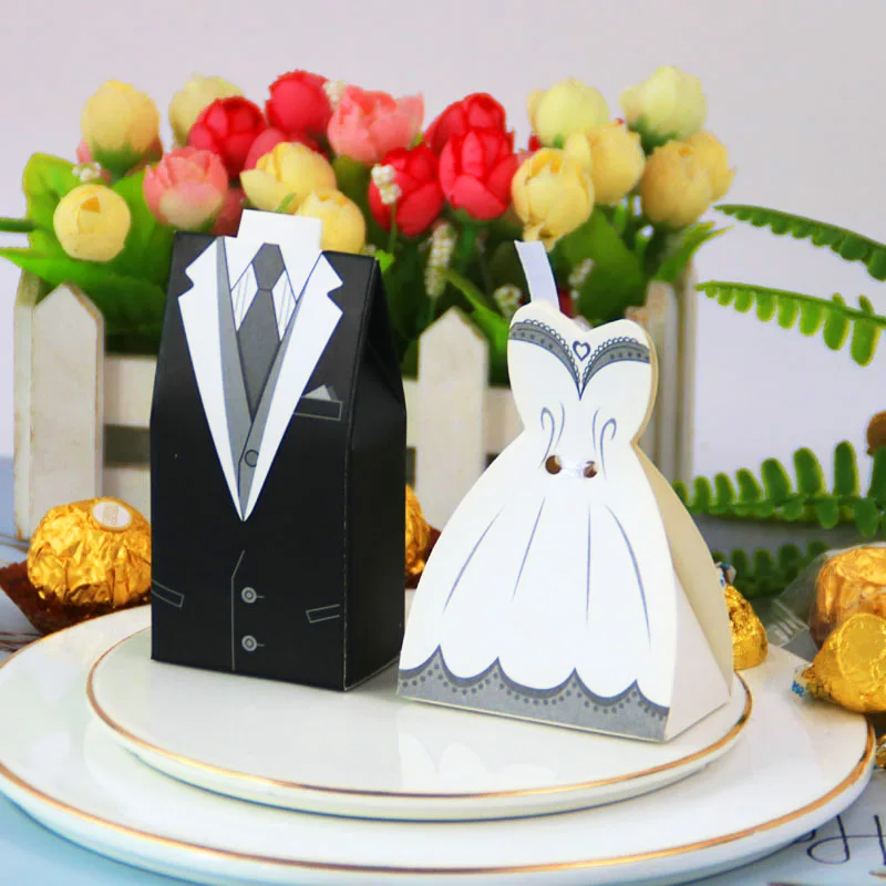 Bride Dress Favor Boxes Diy Party Supplies Gifts Bag Groom Tuxedo Romantic Creative Decoration