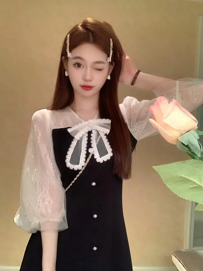 Женское кружевное платье в стиле пэчворк летнее женское элегантное черное