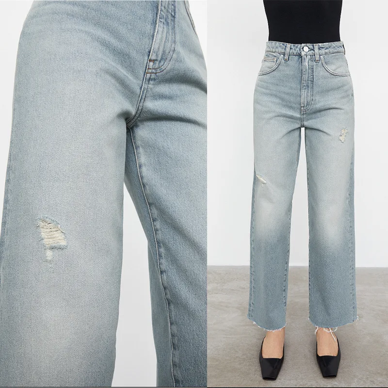TOTEM*E Denim Wide Leg Pants 2023 New Raw Edge Perforated Cotton Slim and Flexible High Waisted Casual Pants