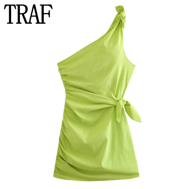 

TRAF 2023 Woman Asymmetric Short Dresses For Women Knot Mini Summer Dress Woman Draped Sexy Dress Off Shoulder Party Dresses