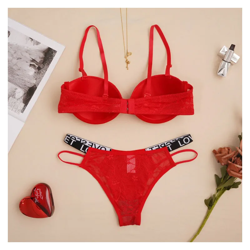 Red with letters lace with steel ring sexy comfortable fashion thin under thick bra underwear set sexy  bra set