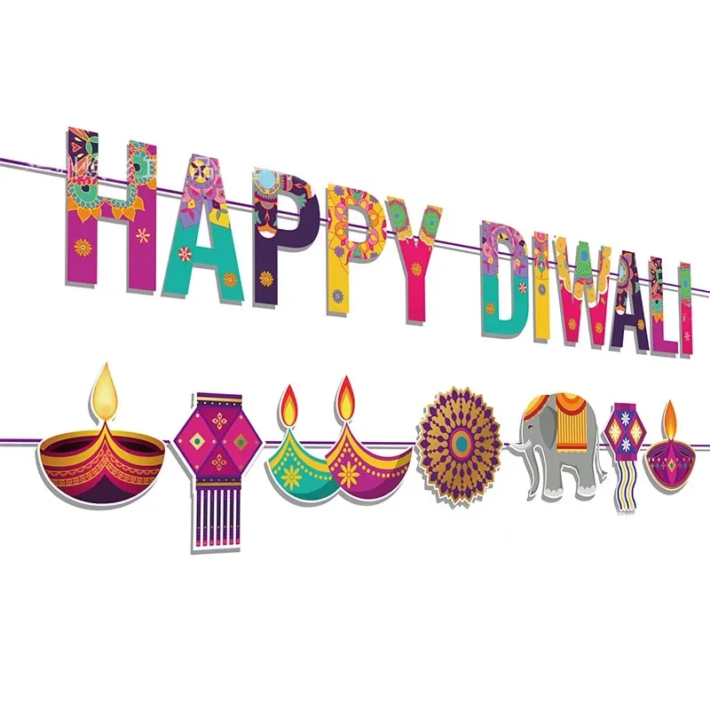 

Diwali Festival Party Banner Demon Slaying Festival Garlands Candlelight Elephant Let's Get Lit Banner Happy Diwali Party Decor