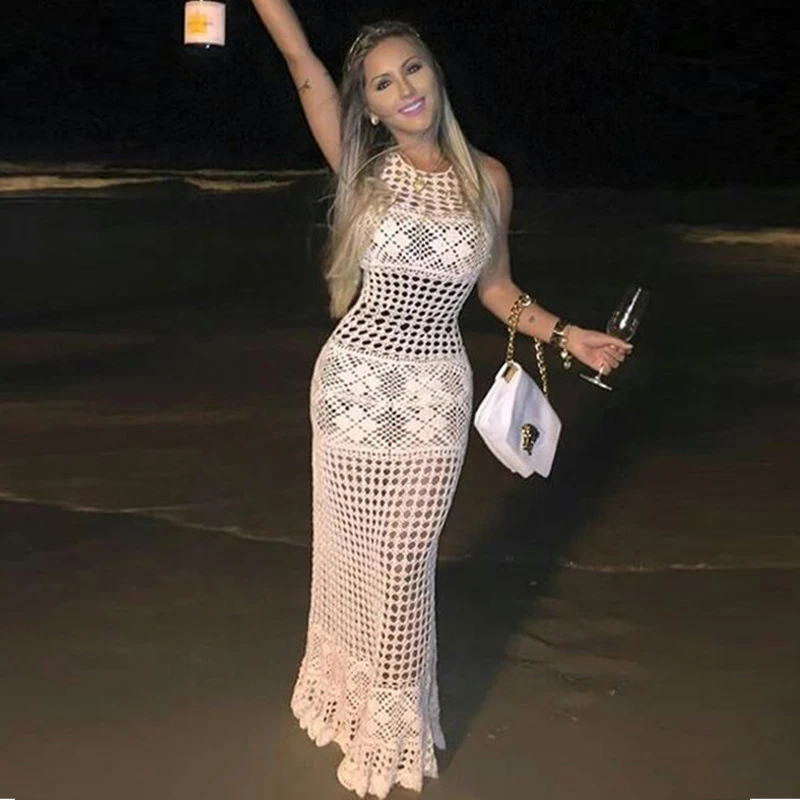 

Women Summer Dress Beach Swimsuit Wear 2023 Cover Up Outside Bikini Smock Knit Hollow Out Flowers Vest Spot Solid Acrylic Tunics