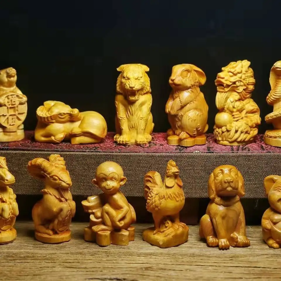 

12 PCS Solid wood carving 12 zodiac decorative ornament Thuja wood hand-carved Cute home living room bedroom decorations