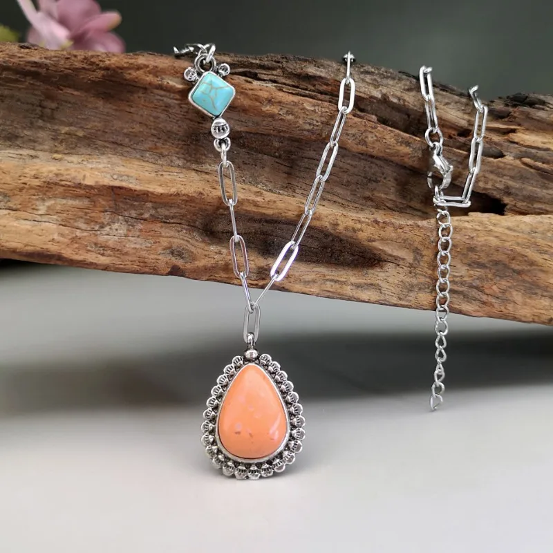 

New Vintage Water Drop Natural Gem Pendant Necklace for Women Bohemia Ethnic Style Luxury Jewelry Anniversary Gifts Accessories