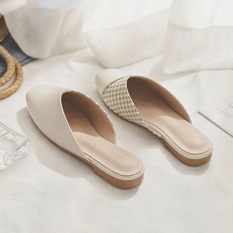 Summer Classic Mule Women Shoes Ladies Retro Soft Sole Slipper Womens Mule Low Heel Sandals Female Beige Mule for Falt Shoes