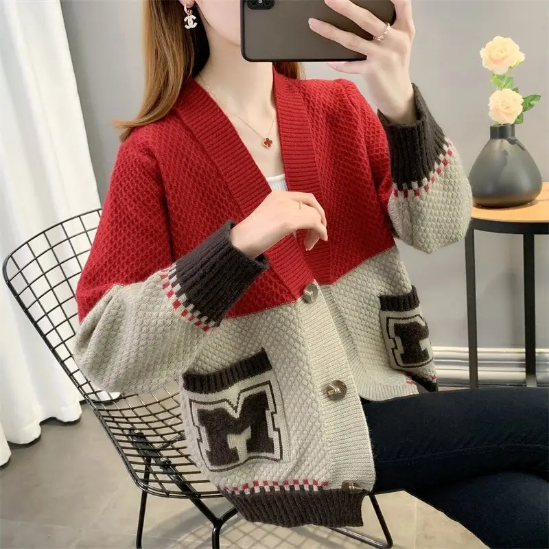 

2022 Spring New Color-blocking Knitted Cardigan Women's Korean Version V-neck Long-sleeved Sweater Coat Female All-match