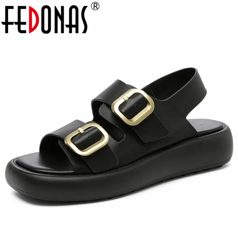 

FEDONAS Fashion Metal Buckle Women Sandals Roman Style Genuine Leather Platforms Flats Spring Summer Casual Peep Toe Shoes Woman