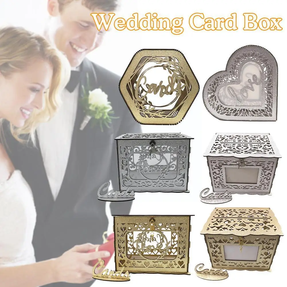 

Golden Wedding Card Box Shiny Wooden Card Box with Led String Gift Envelope Money Box for Baby Shower Birthday Decorations Z2B8