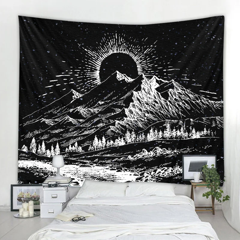 

Гобелен черно-белый с Горным пейзажем, украшение в богемном стиле, в стиле хиппи, для гостиной, спальни, домашний декор
