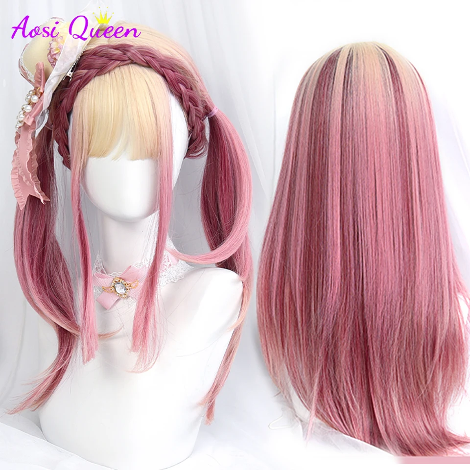 

AS Straight Synthetic Wigs for Women With Bangs creamy-white Ombre pink Natural Lolita Party Cosplay Daily Wigs Heat Resistant