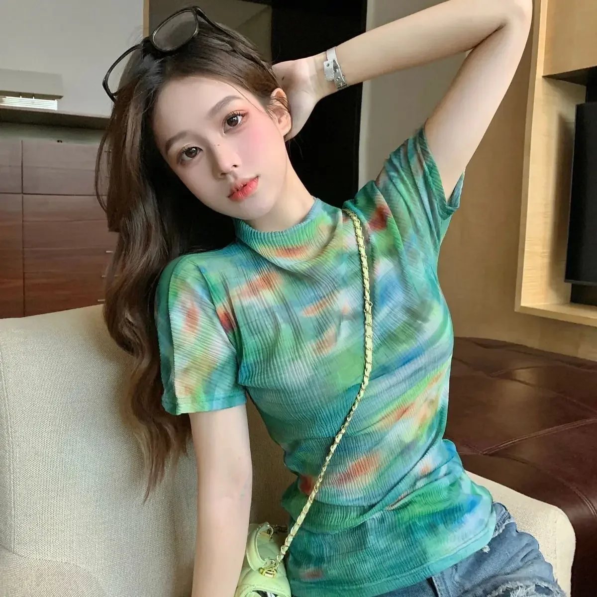 Полуводолазка с коротким рукавом Tie Dye Green Gradient Тонкая эластичная сетчатая