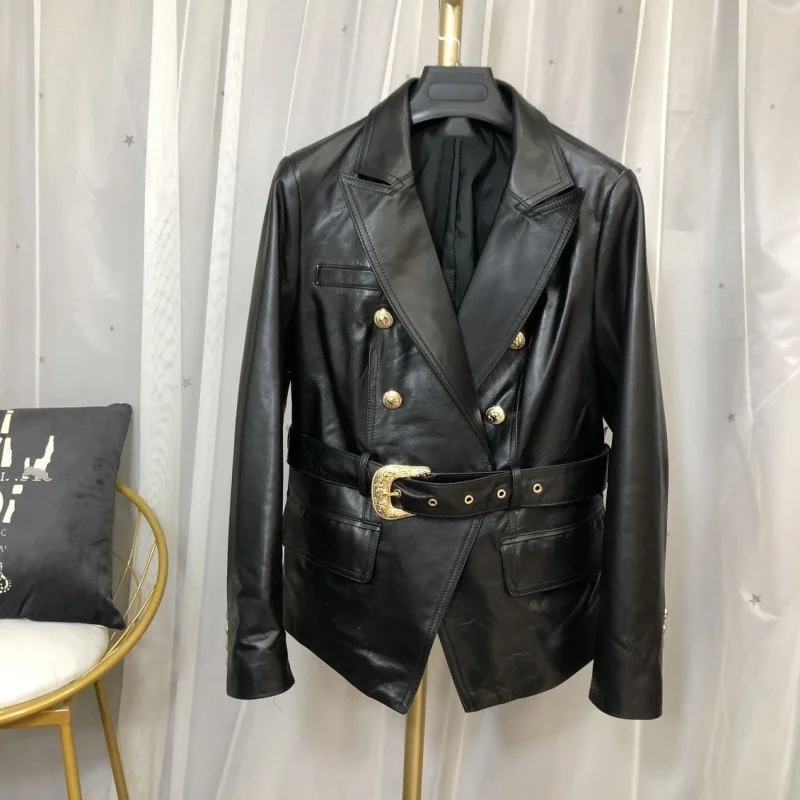 

Женская двубортная куртка из натуральной кожи, черная офисная куртка с отложным воротником, модная верхняя одежда из овечьей кожи для осени...