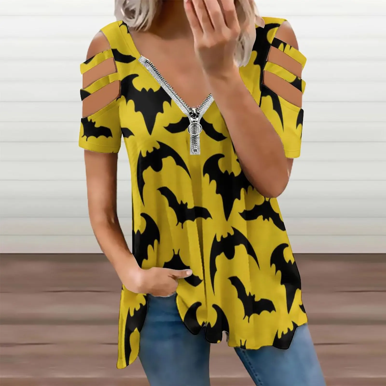 Готическая футболка на Хэллоуин желтые черные летучие мыши Современные футболки
