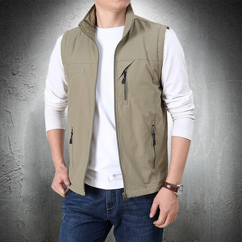 

Summer Thin Vest Jacket Men Outdoor Casual Clothes Lightweight Short Sleeve Vests Men Stand Collar Male Trekking Coat Traveling