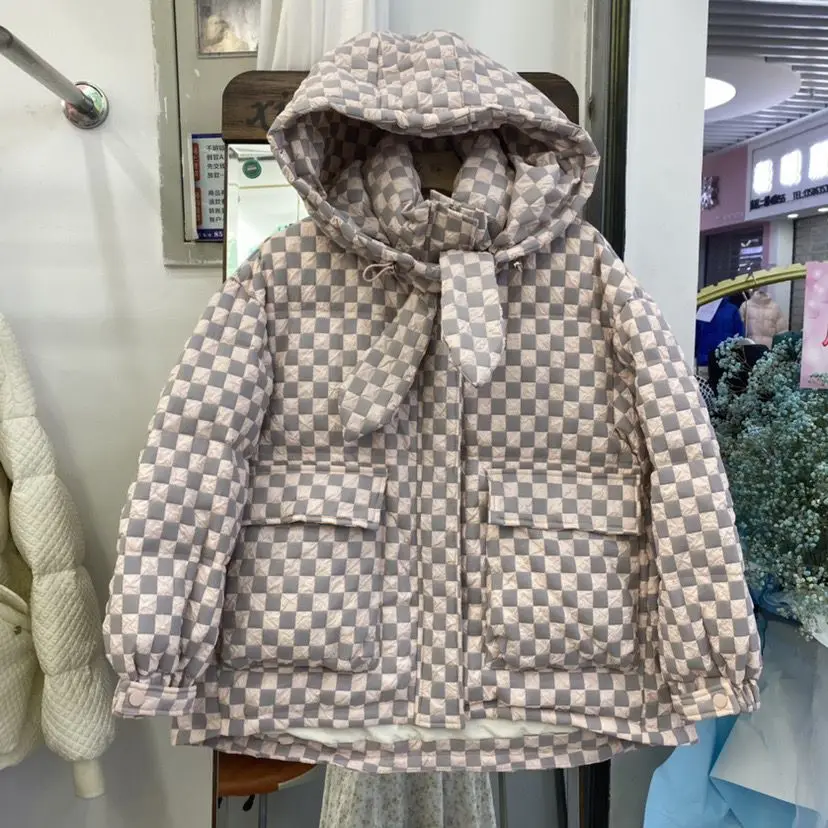 2023 New Winter Hooded Thickening Jacket Women Lattice White Duck Down Short Warm Coat Pockets Buttons Outwaist Tops M56
