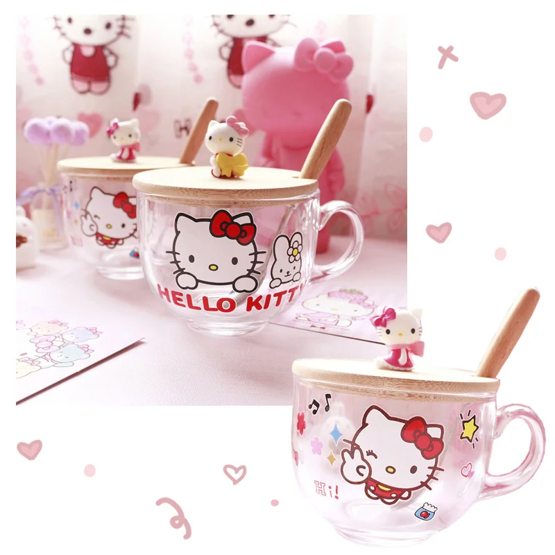 

Cute Cartoon Glass Milk Cup with Lid Kawaii Kitty Cat Doll Large Capacity Mug Water Cup Children Breakfast Cup Office Coffee Cup
